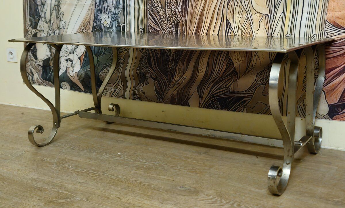 Riveted metal industrial coffee table, Jansen style