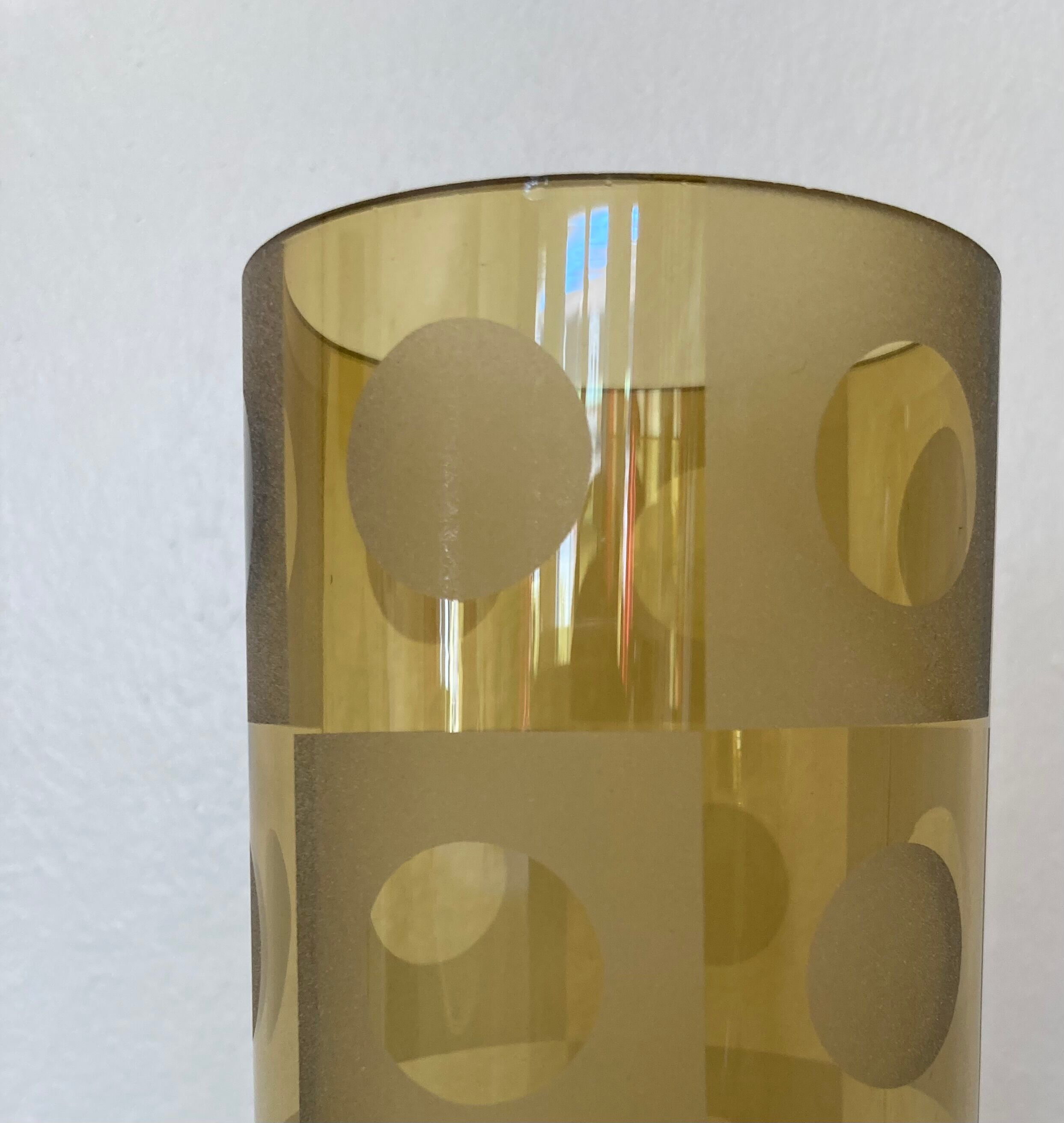 Amber yellow glass vase frosted geometric pattern