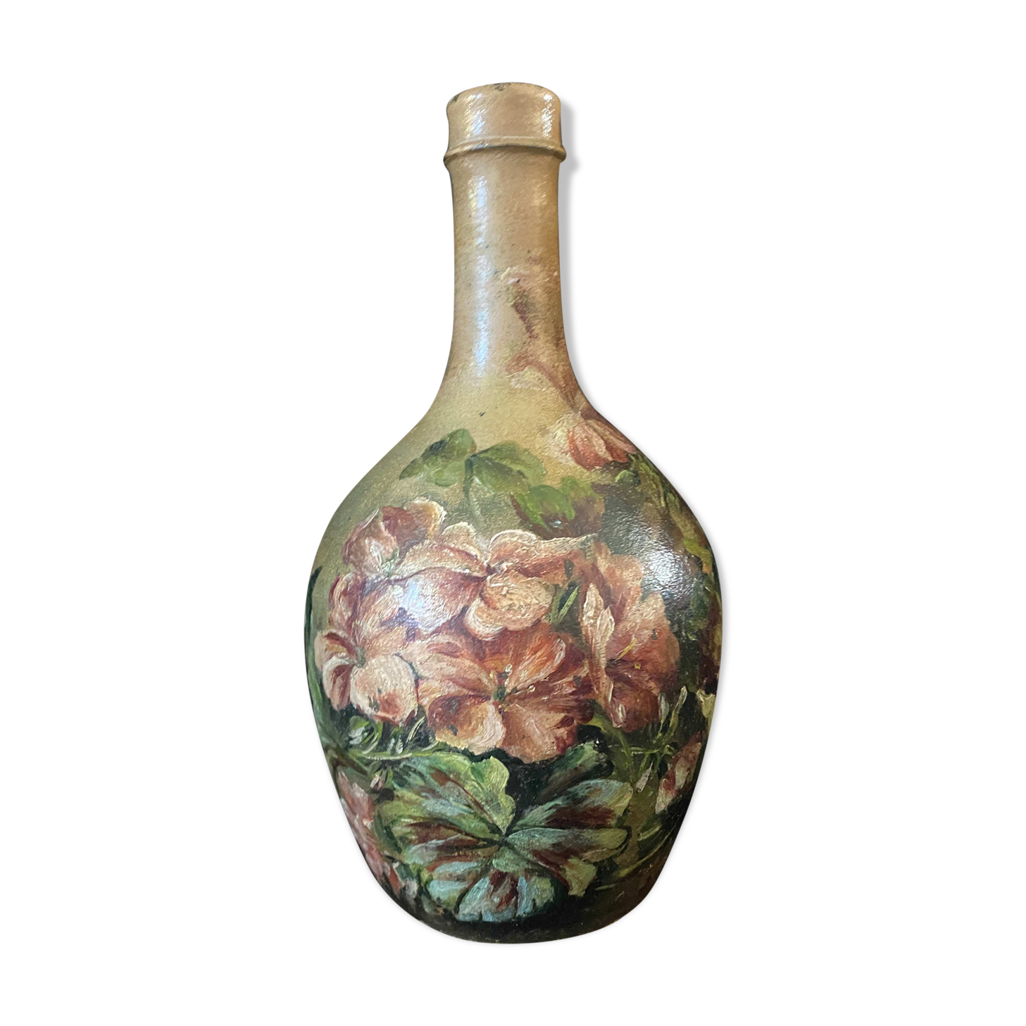 Beautiful bottle A ancient sandstone painted with floral motifs Folk art Puisaye