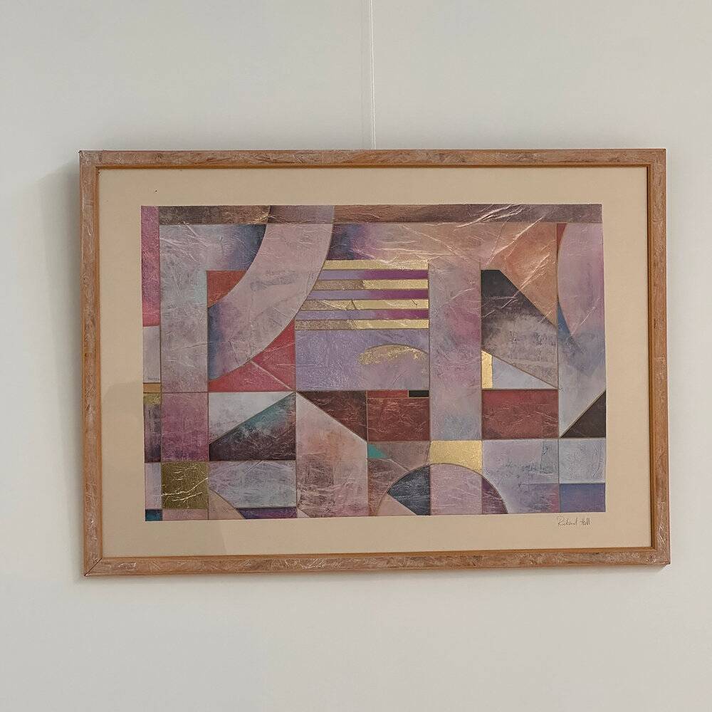 Pair of large Richard Hall geometric abstract mixed media lithographs with gold