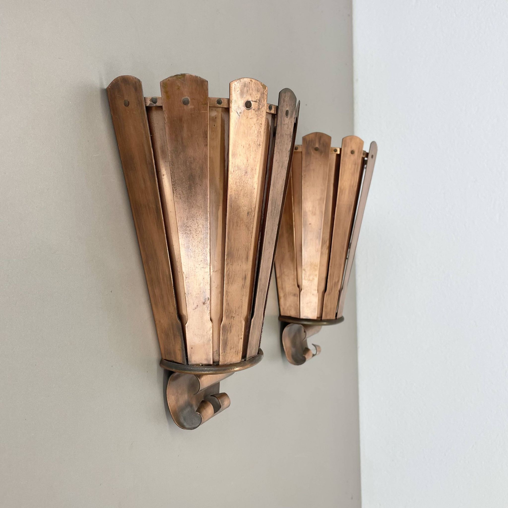 set of 2 copper 25cm Gio Ponti Style Theatre Wall Light Sconces, Italy 1950