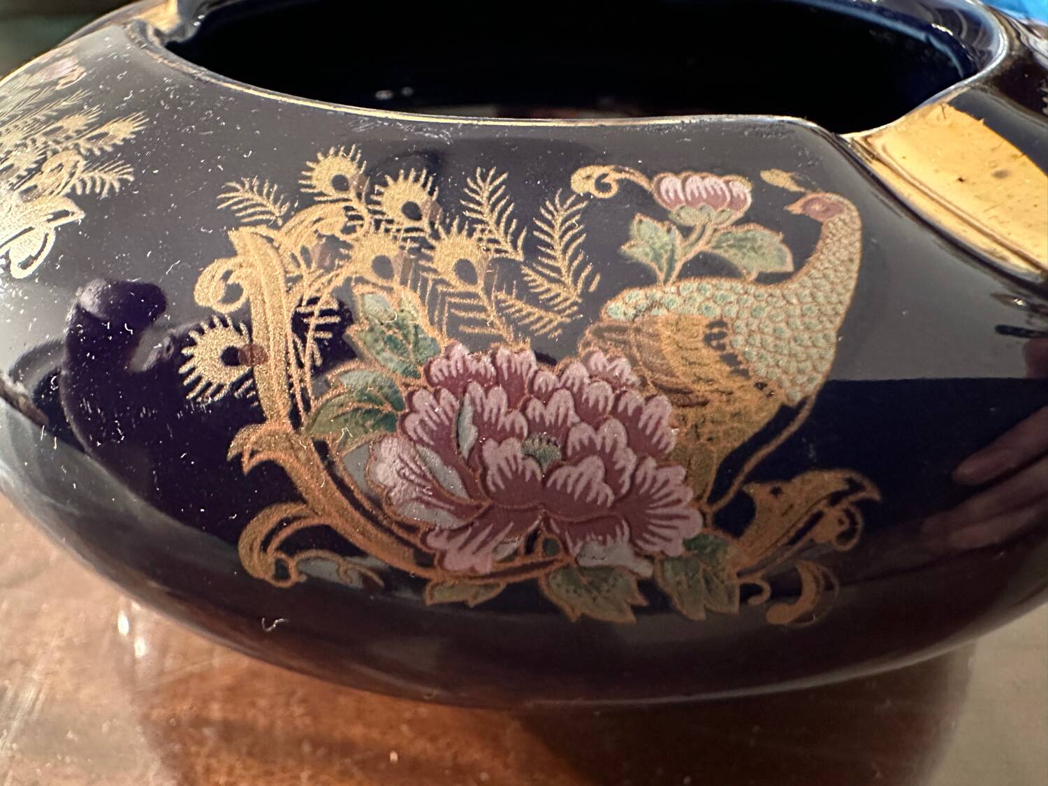 Cobalt Blue Enameled Ashtray, Golden Peacock and Floral Decor - Vintage Italy