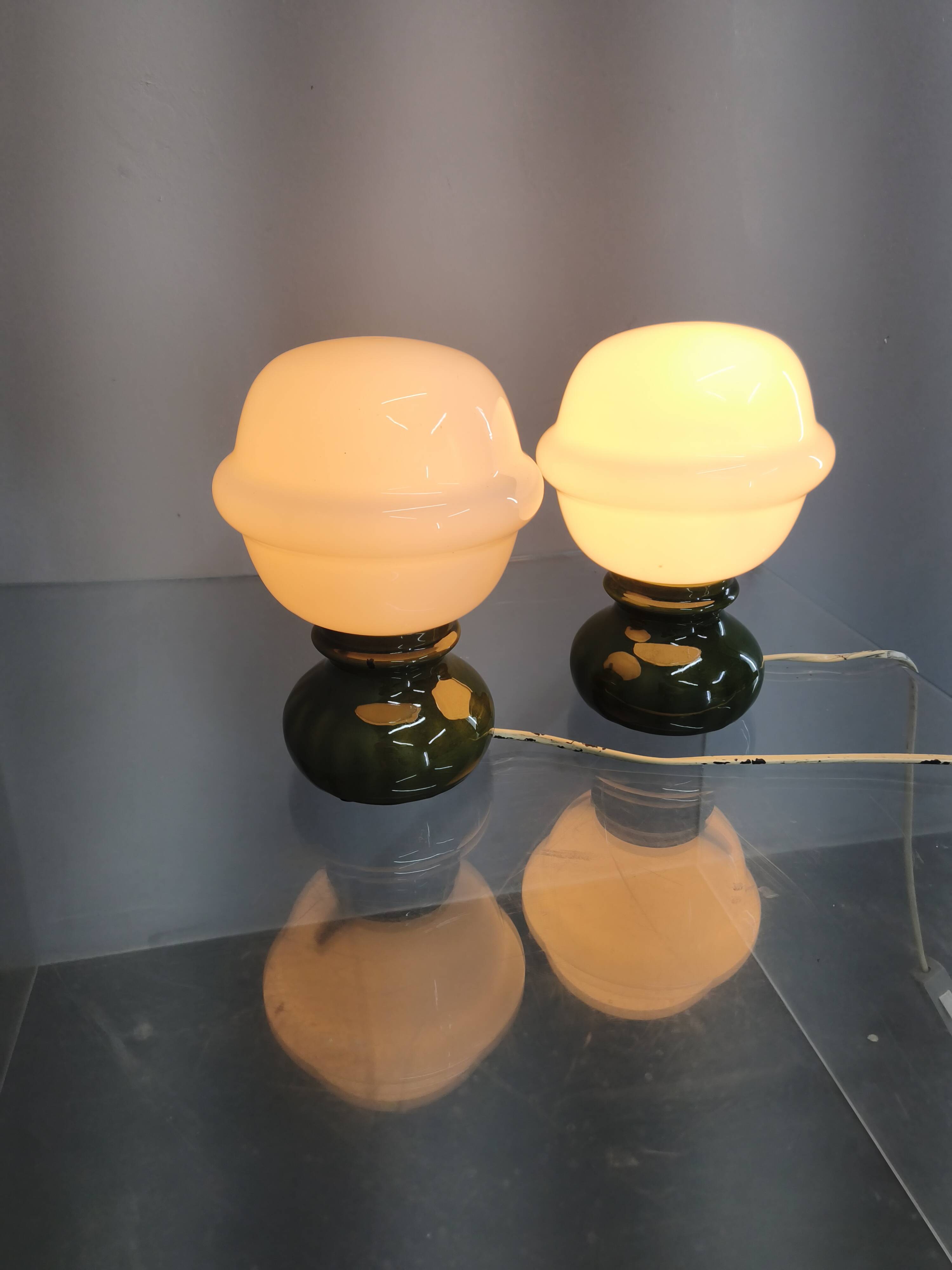 Pair Czech 1970s Milk Glass and Green Ceramic Table Lamps