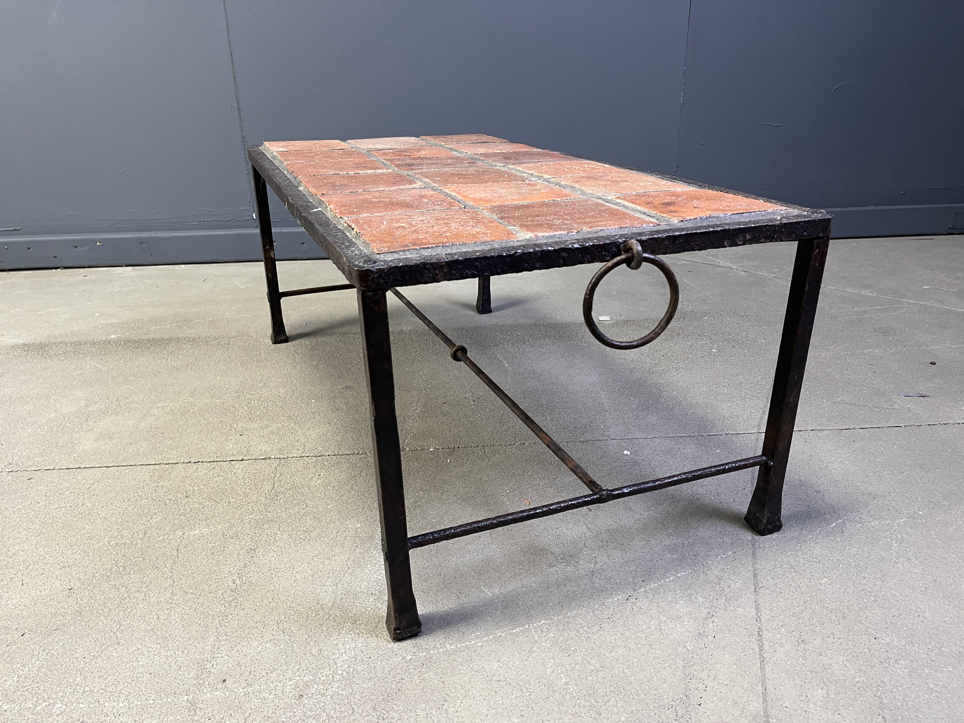 Spanish iron and ceramic tile coffee table, 1950s