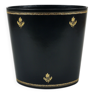 Morabito Paris black and gold leather wastepaper basket, France, 1970s