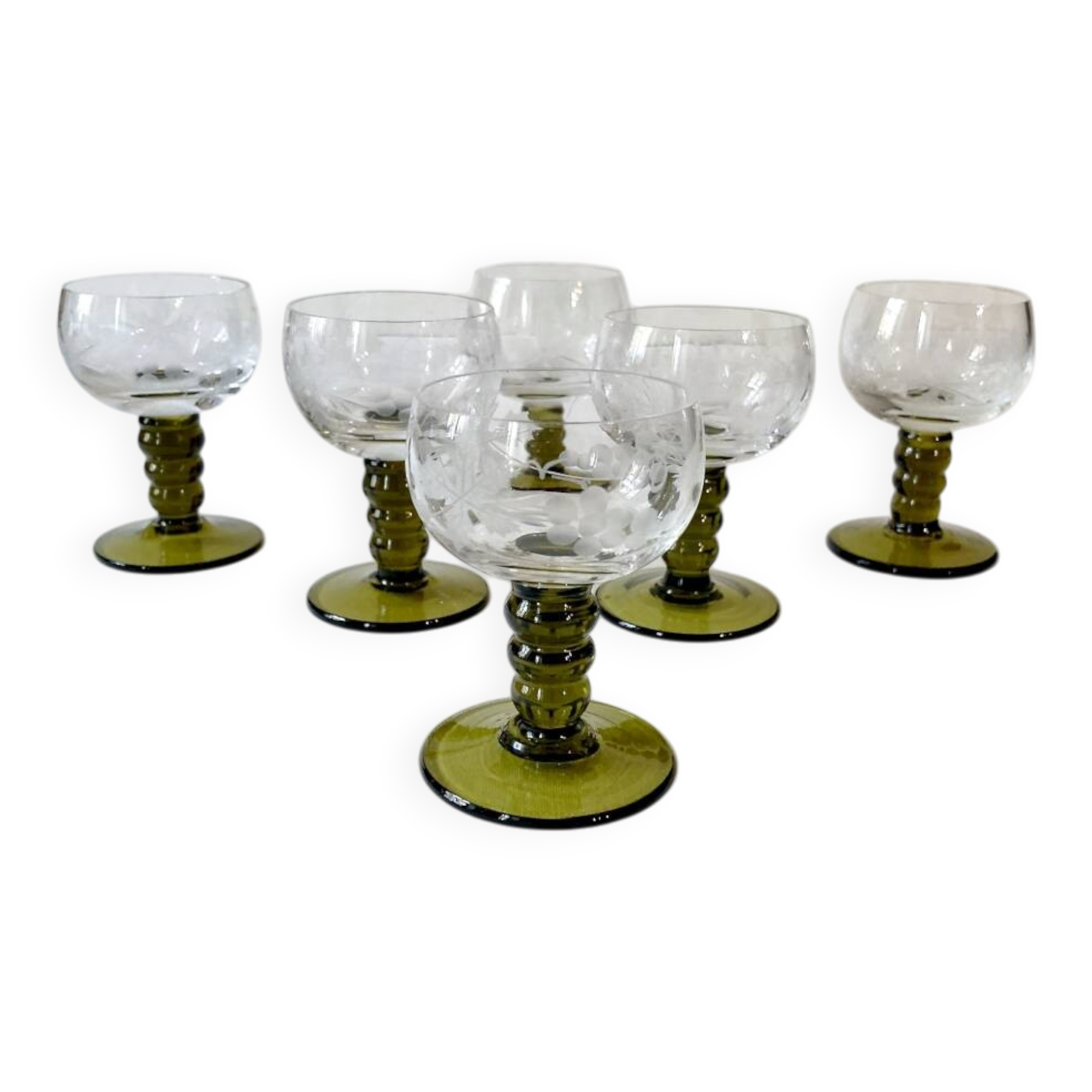 6 small liqueur glasses Roemer, moss green stepped bases