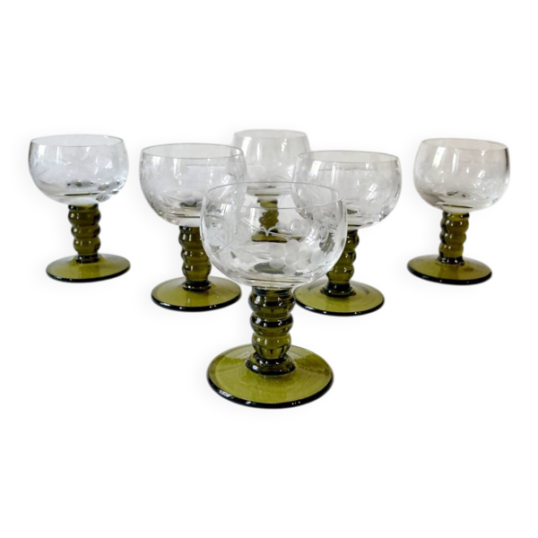 6 verres à liqueur Roemer, pieds gradins vert mousse
