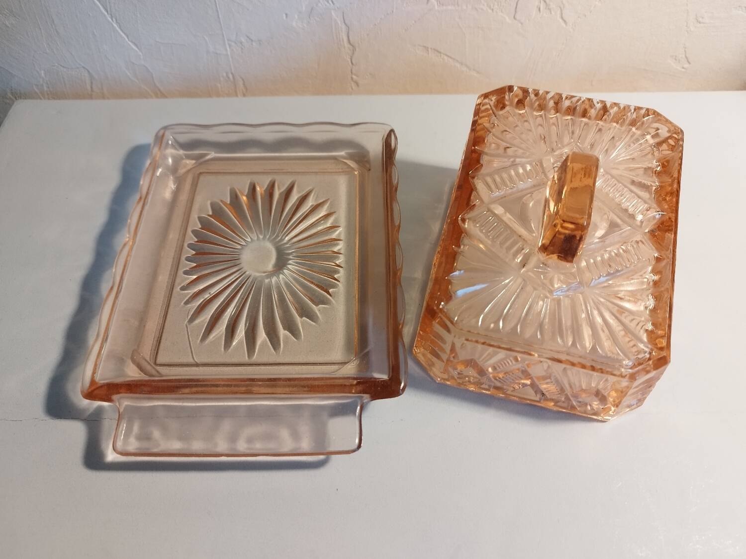 Pink glass butter dish