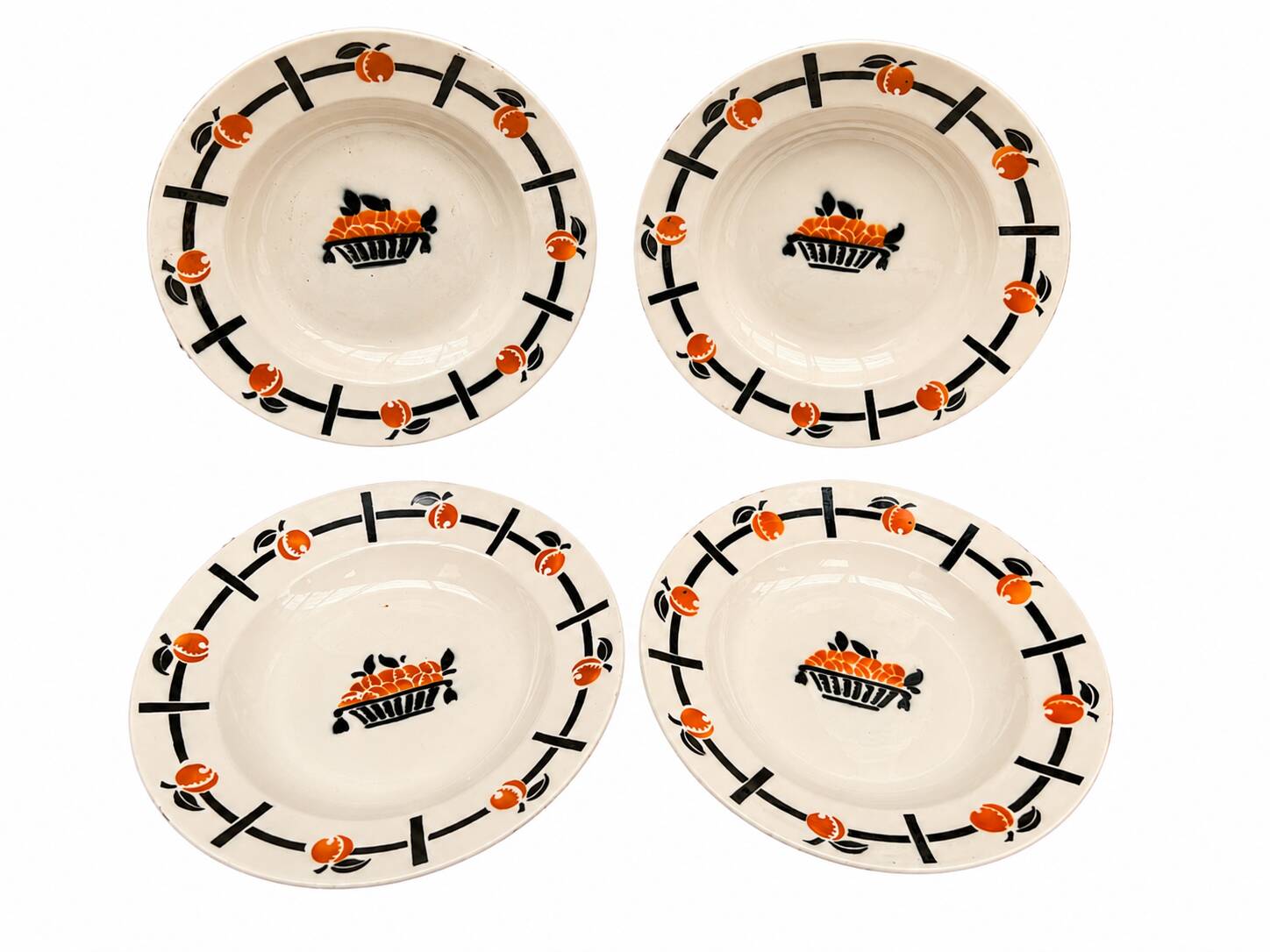 4 deep plates Badonviller Art Deco design in black and orange – 1930s