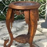 Small carved solid walnut side table with marble top