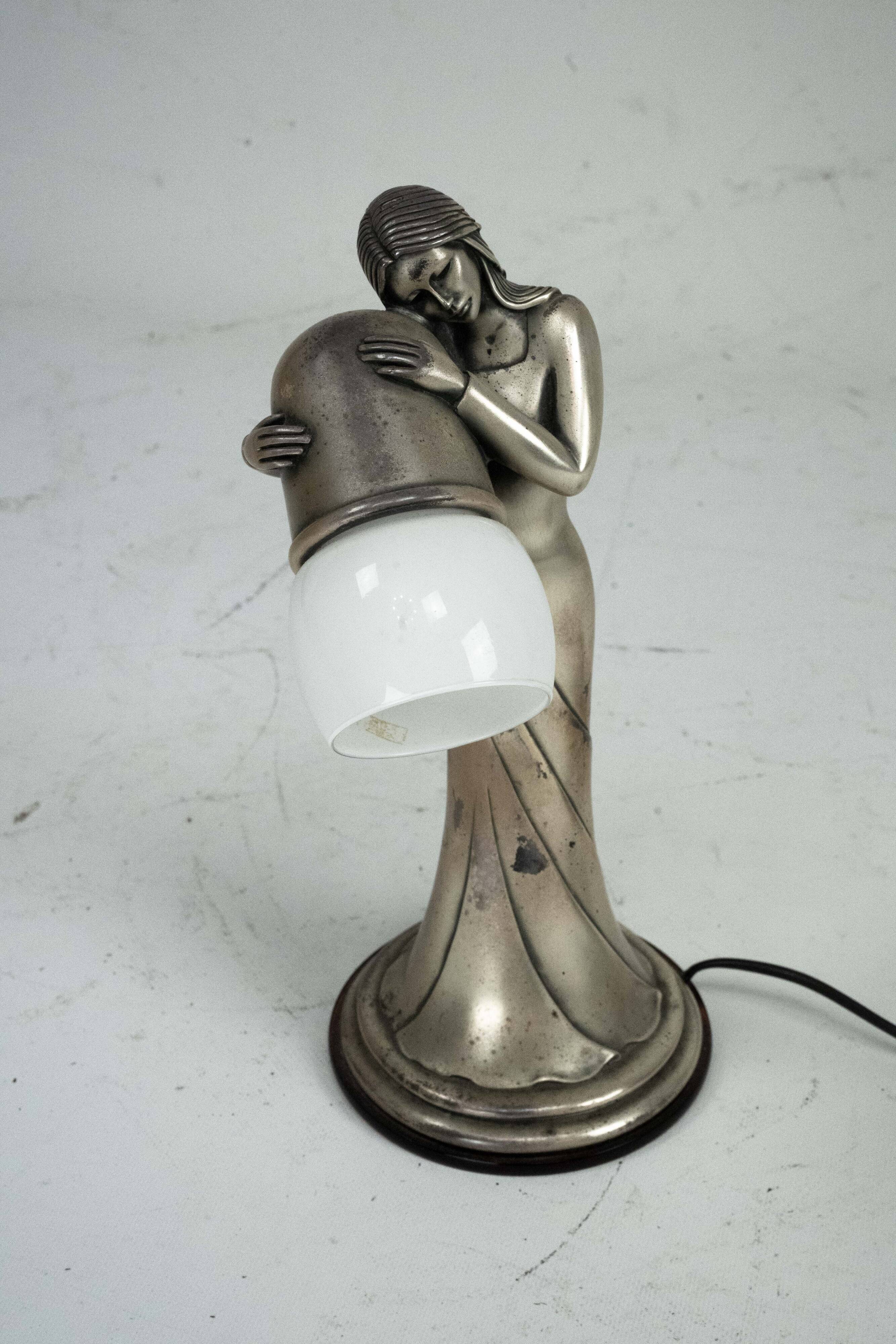 Silver Vermeil Figural Table Lamp with Opaline Glass. Italy 1960s