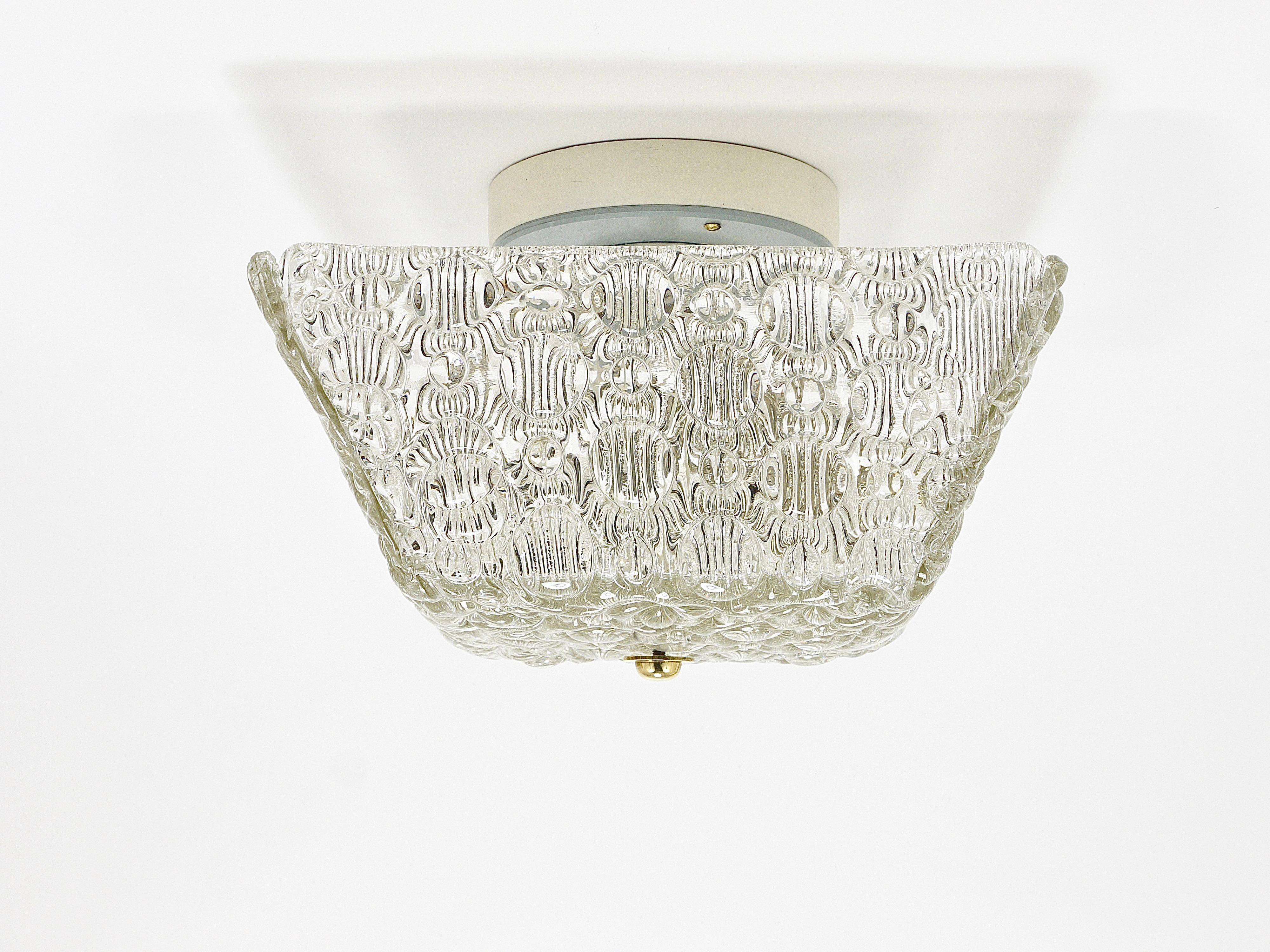 J.T. Kalmar Square Applique Ceiling Light in Brass and Textured Glass, 1950s