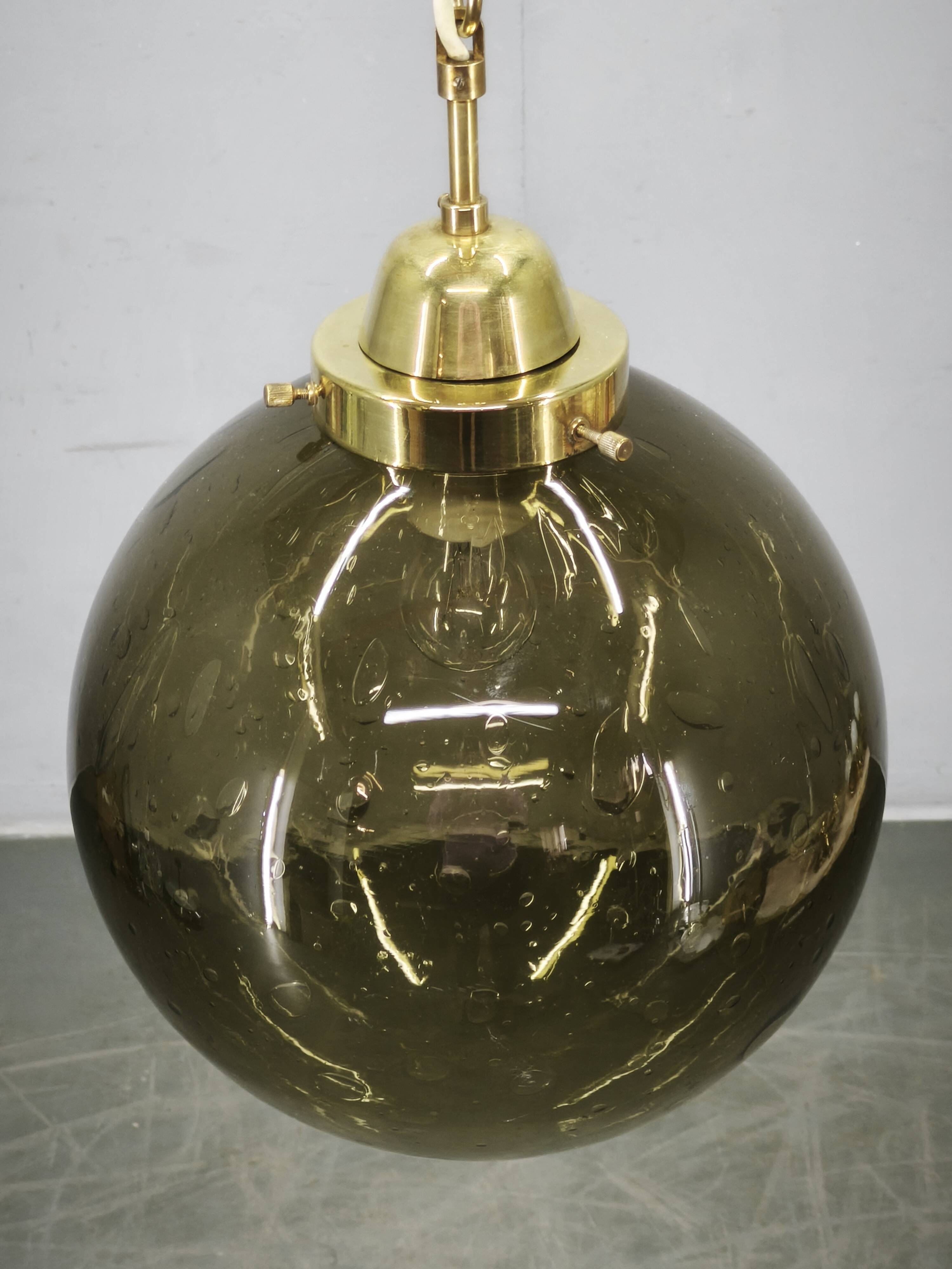 1970s Czech Smoked Glass Globe and Brass Pendant Light