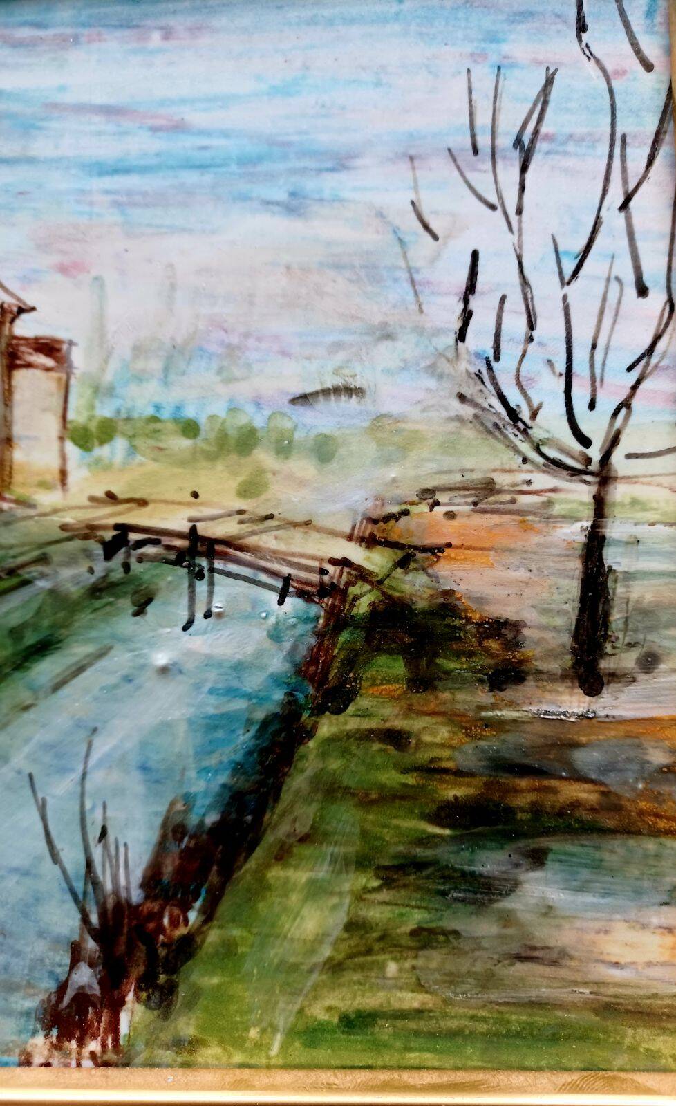 Framed and hand painted ceramic tile