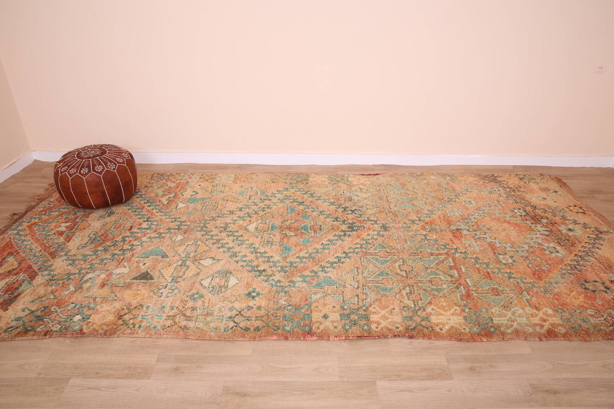 Peach Vintage Moroccan Rug 173 x 383 cm, Berber Wool Rug, Handmade Boho Rug