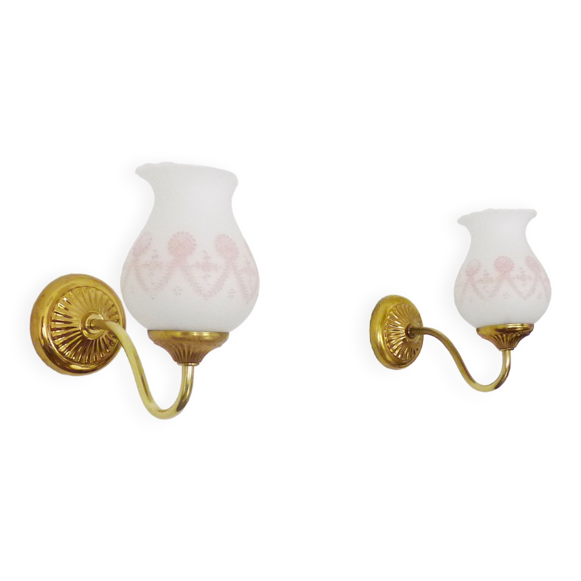 Pair of gooseneck wall sconces in gilded metal, white opaline with pink decorations