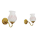 Pair of gooseneck wall sconces in gilded metal, white opaline with pink decorations