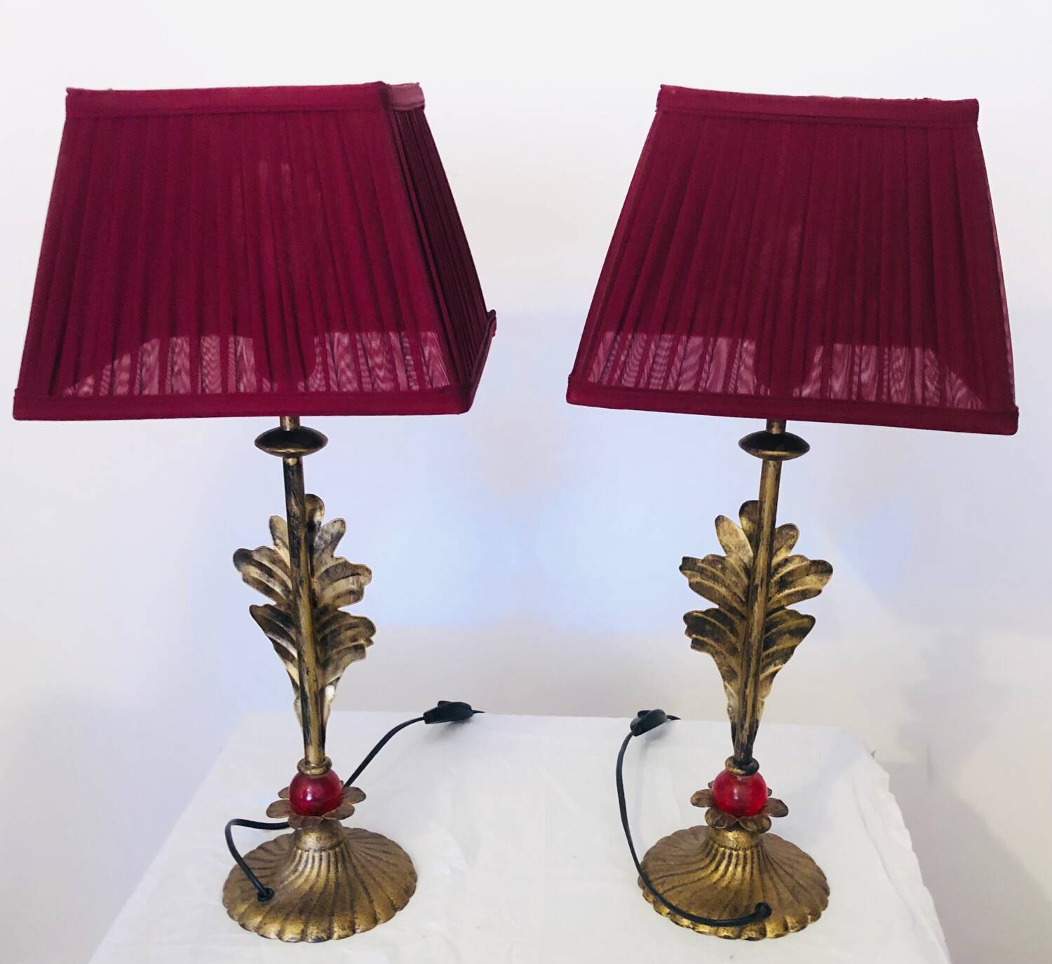 Pair of vintage golden acanthus leaf decorative lamps