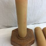 Handmade natural wood candle holder, hexagonal shape and its 3 old beeswax candles.