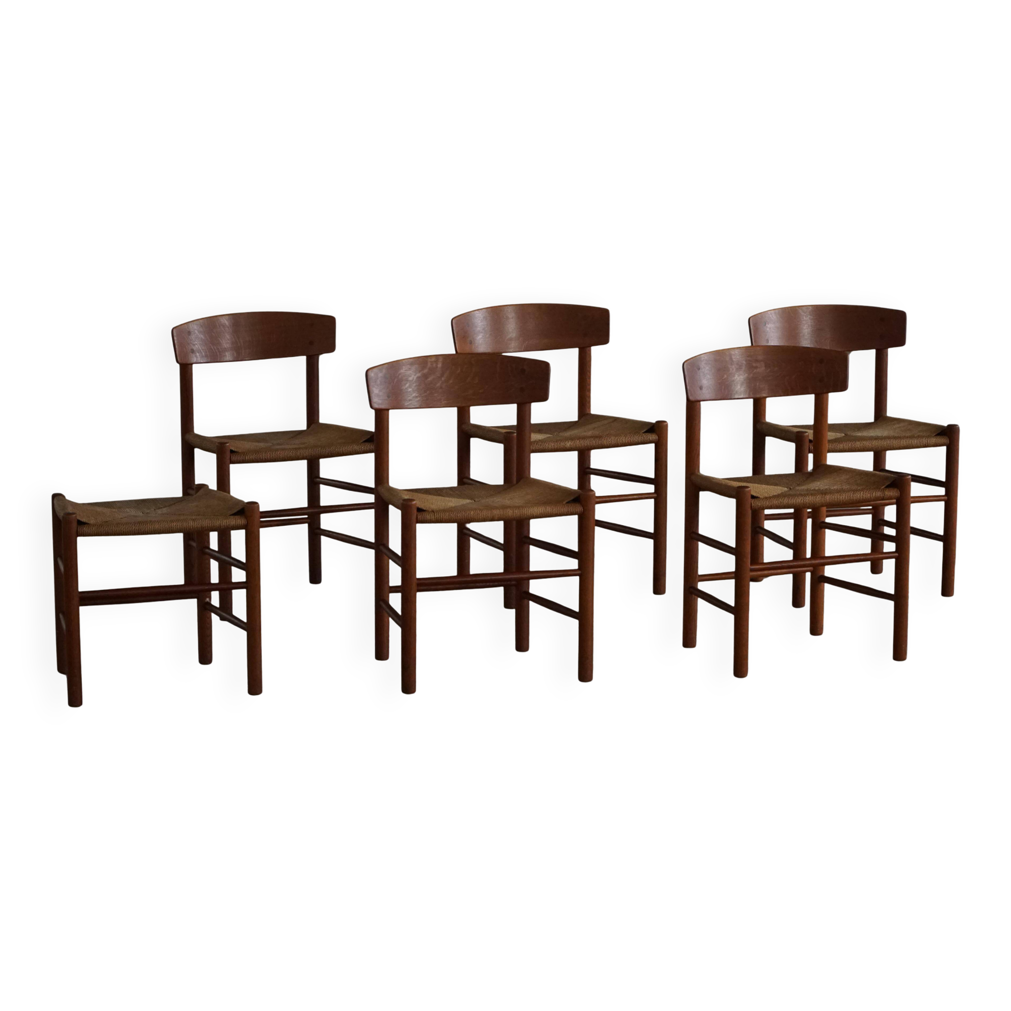 Set of 6 'Folkestole' J39 dining chairs by Børge Mogensen in oak, FDB Møbler, 1950s.