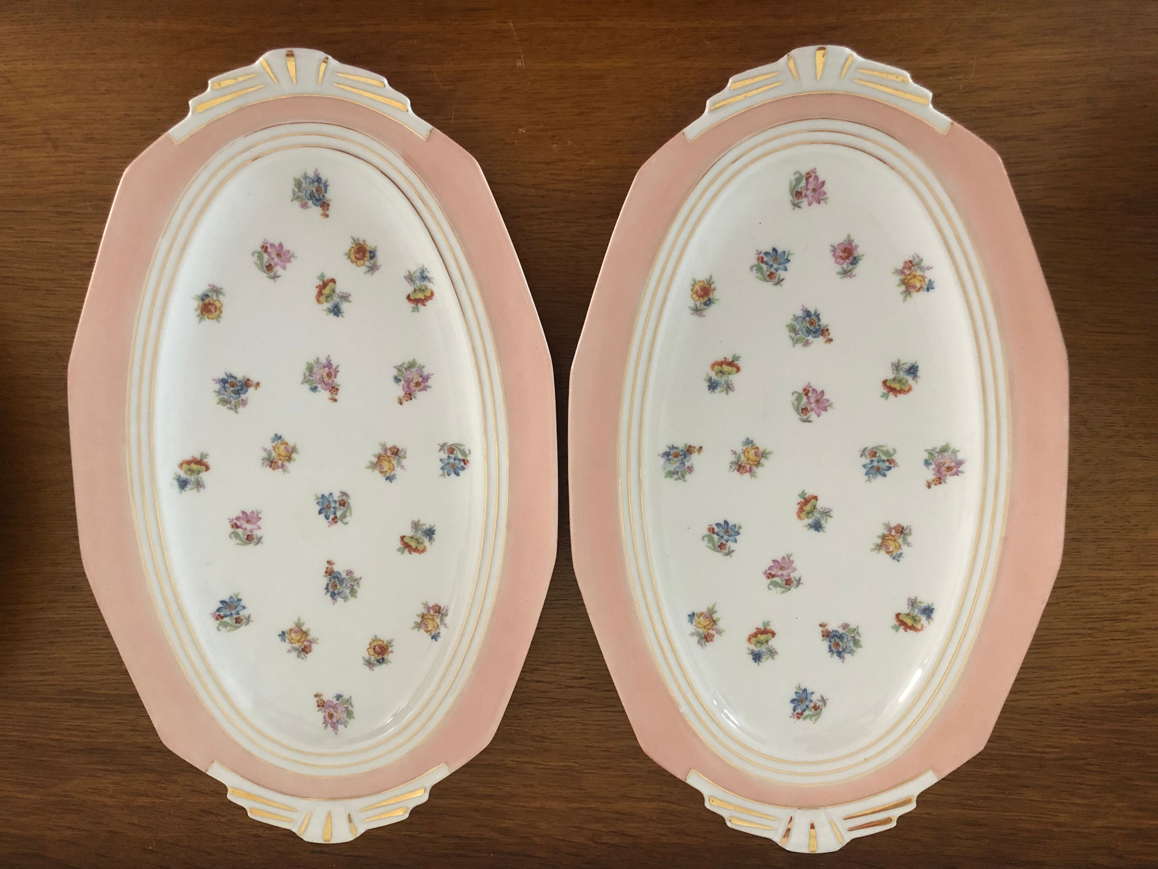 7 dishes Vintage Limoges porcelain pink and gold floral motifs