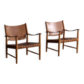 Pair of safari chairs in woven cognac leather, Denmark, 1960s