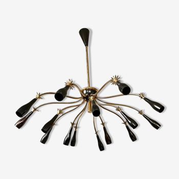 Old spider chandelier Italian metal, vintage Sputnik lamp 15 lights