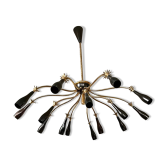 Old spider chandelier Italian metal, vintage Sputnik lamp 15 lights