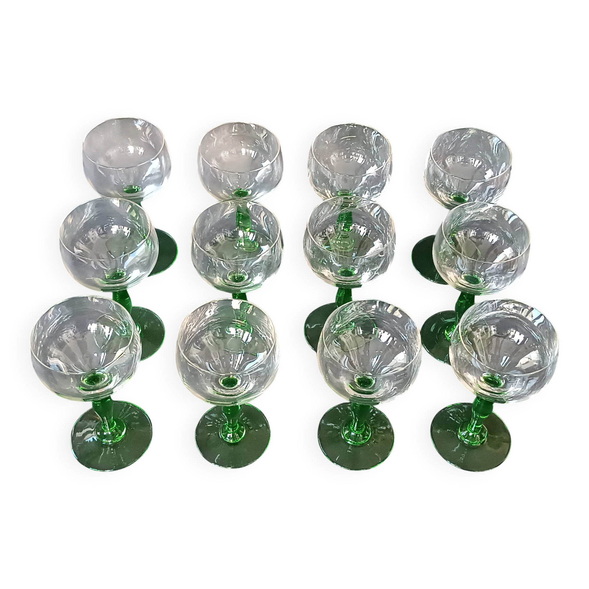 12 green footed wine glasses in opaline blown crystal 1900