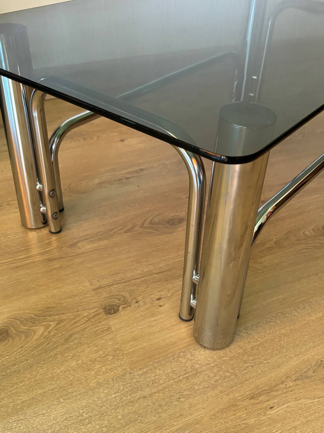 Vintage coffee table in chrome metal and smoked glass, 1970s