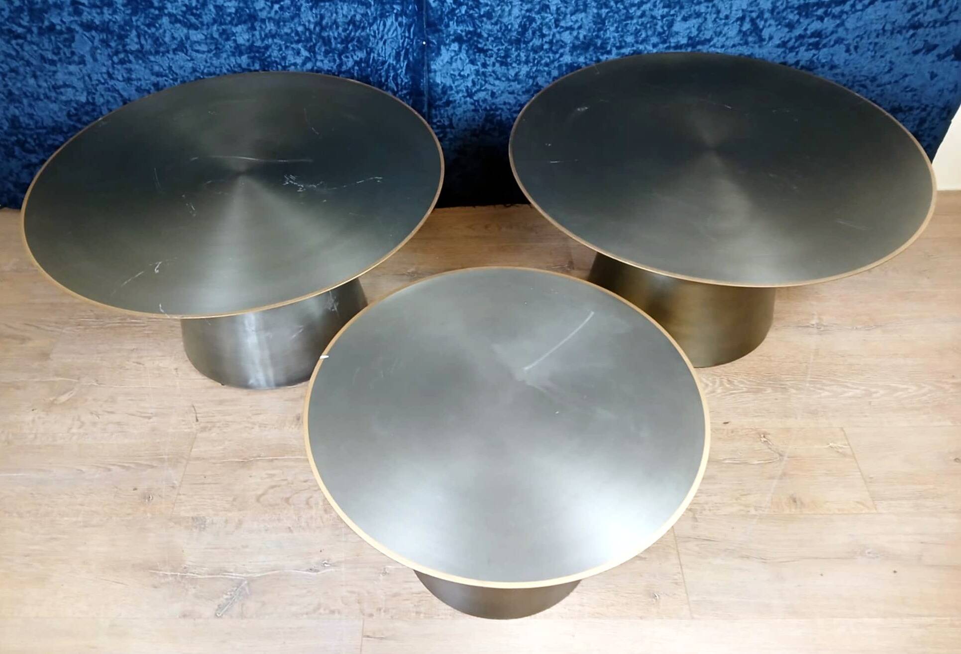 Set of three designer coffee tables in frosted metal, circa 1990/2000