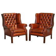 Brown Leather Hand-Dyed Wingback Chairs, Set of 2