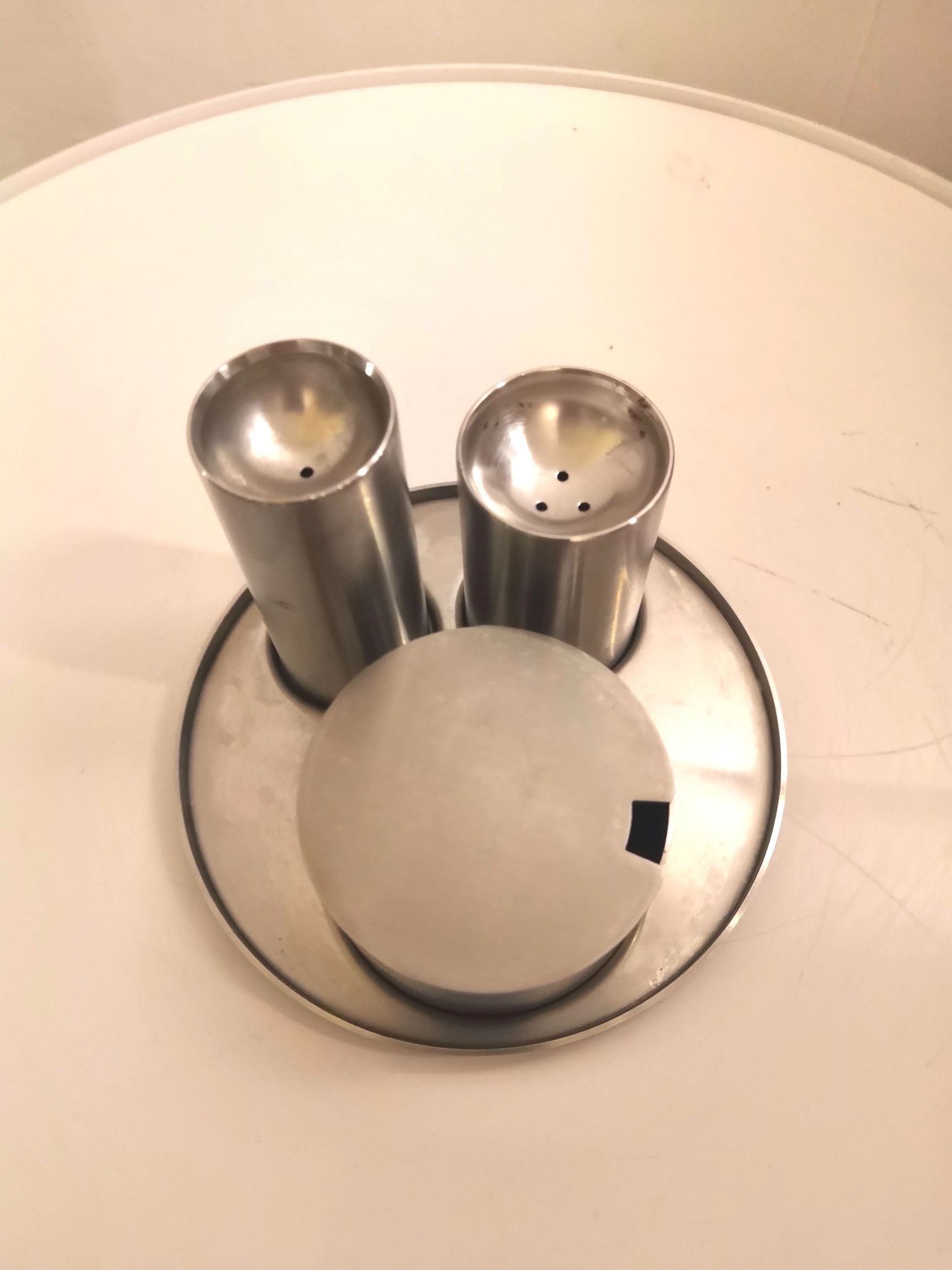 Ménagère salt, pepper and mustard "cylinda" by Arne Jacobsen for Stelton, 1960