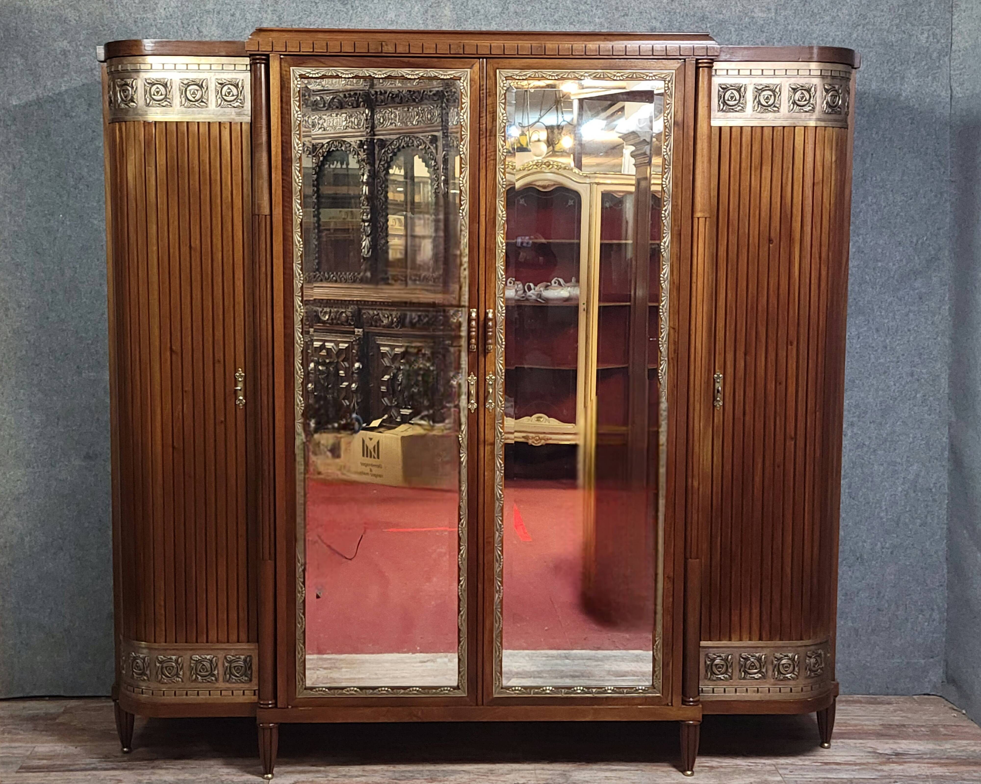 Large Art Deco bookcase wardrobe in mahogany and bronze.