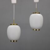 1970s Bent Karlby Pair of China Pendants of Opaline Glass and Brass by Lyfa
