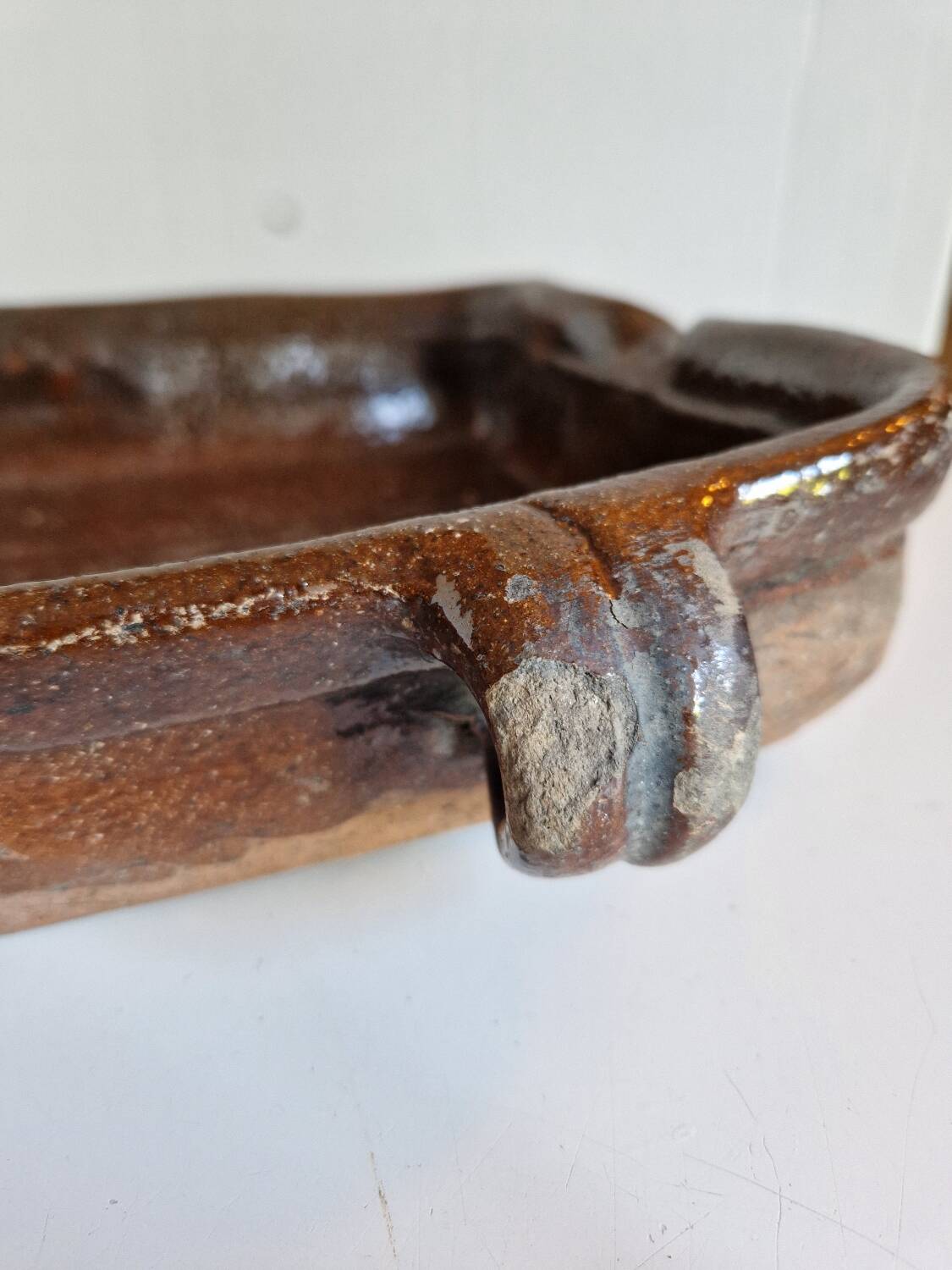 Ancien Plat À Jus Lechefrite 19e Terre Cuite Vernissée Art Populaire