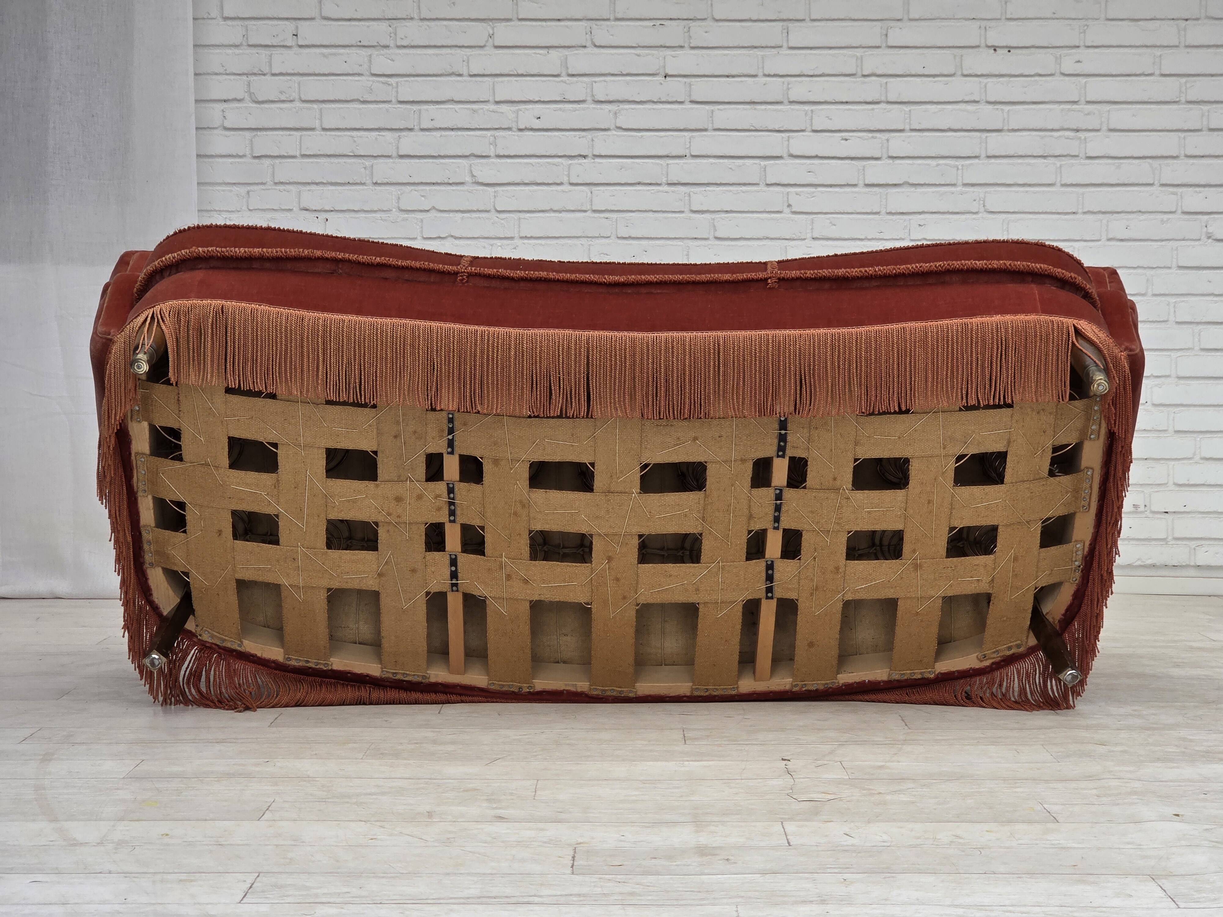 1970s, 3-seater Danish curved sofa, pink furniture velour.