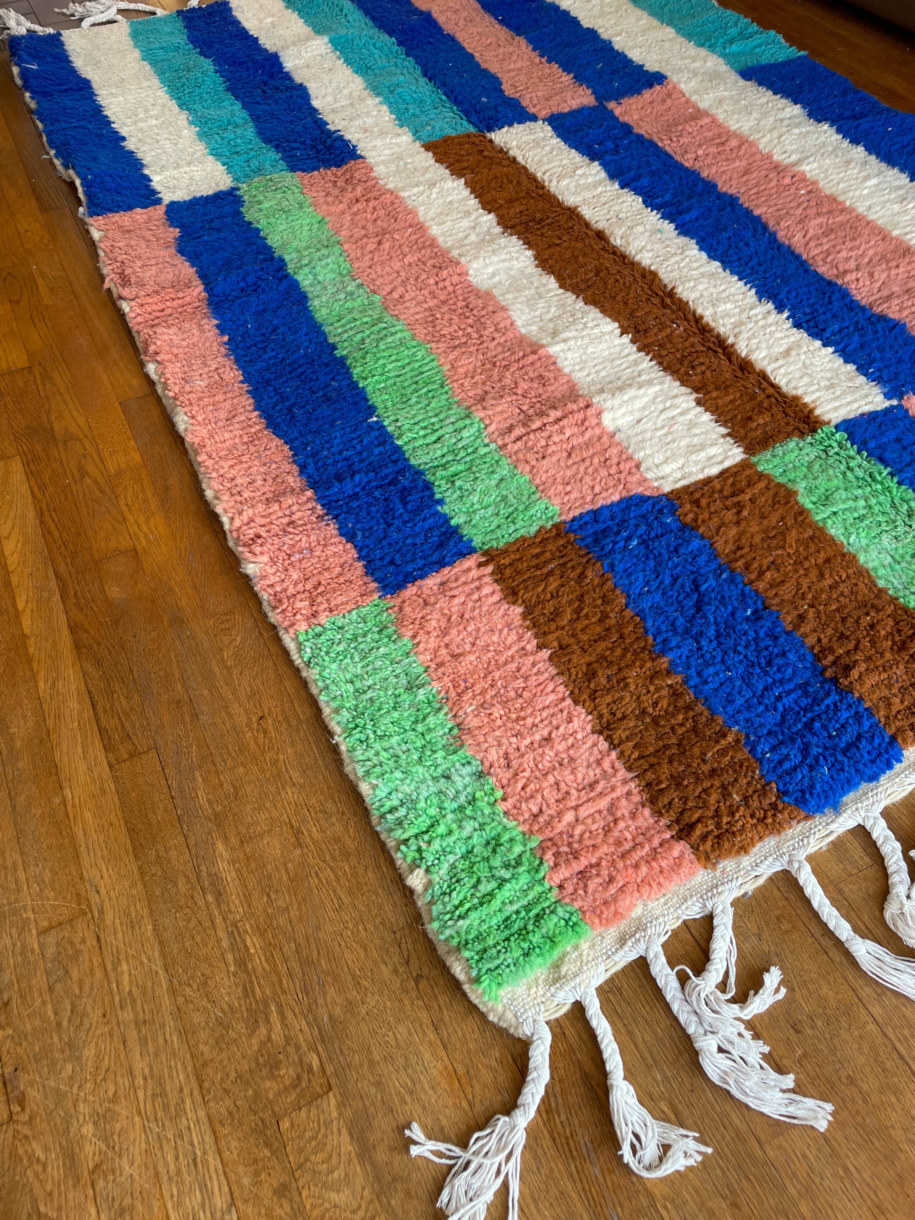 Berber carpet boujad colorful blue majorelle green brown peach