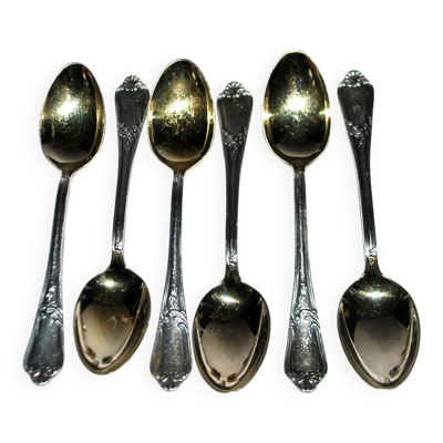 6 cuillères à café, moka en métal argenté Deetjen style Louis XV Rocaille n°25