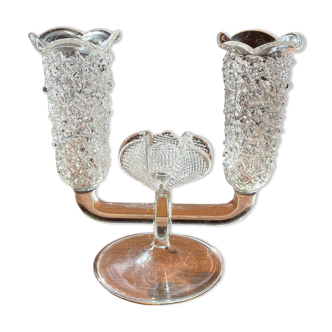 Hand-blown art glass candelabra, double candlestick holder with rose flower in the middle, german