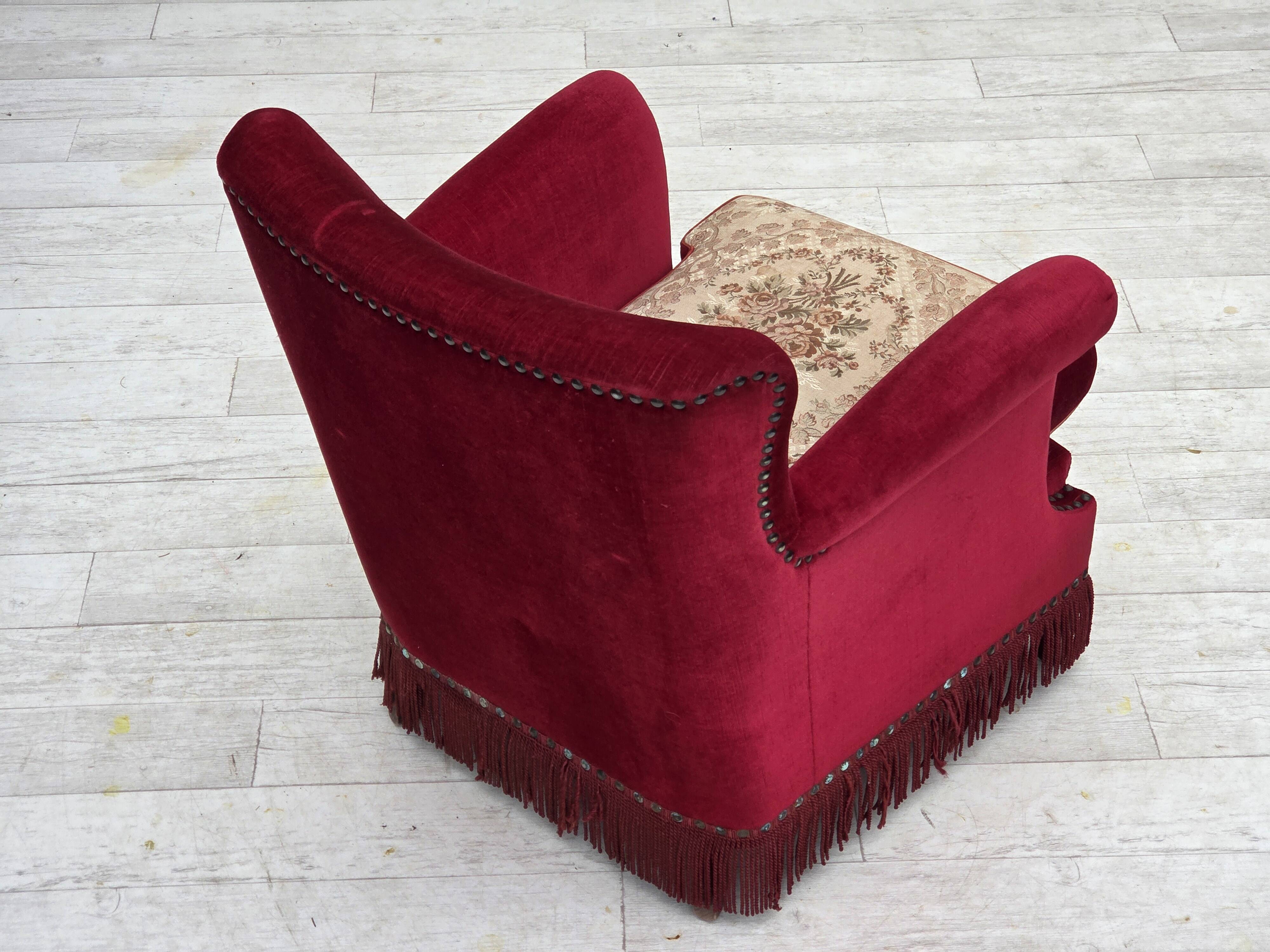 1970s, Danish armchair, red furniture velour, ash wood.