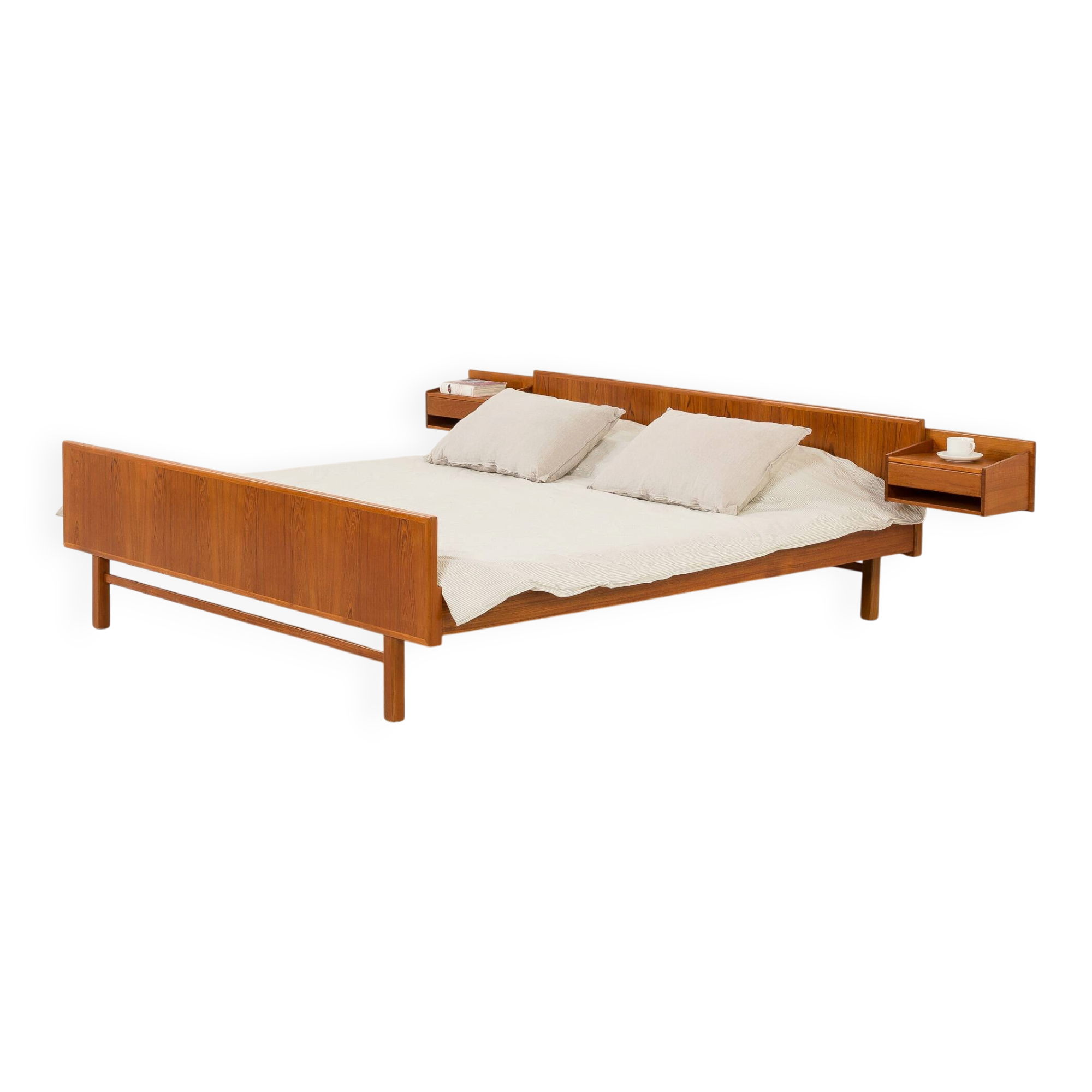 Danish mid century teak queen size bed with nightstands, 1960s