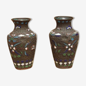 Pair of Japanese vases in bronze and enamel