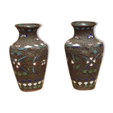 Pair of Japanese vases in bronze and enamel