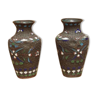 Pair of Japanese vases in bronze and enamel