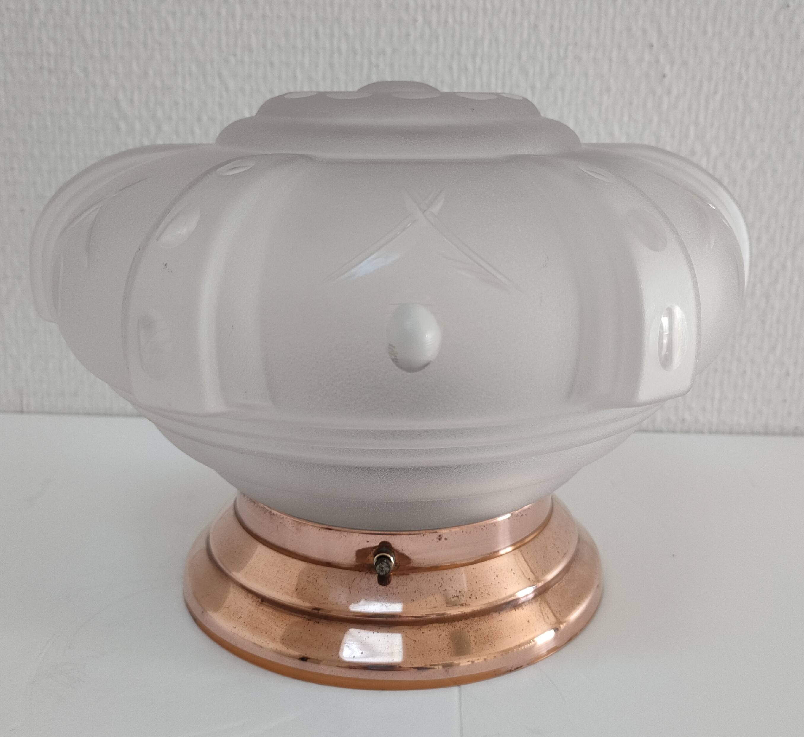 Plafonnier verre et cuivre Art Déco