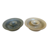 Paire de bougeoirs céramique beige et bleu