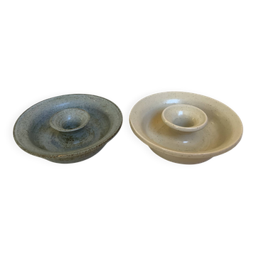Pair of beige and blue ceramic candlesticks