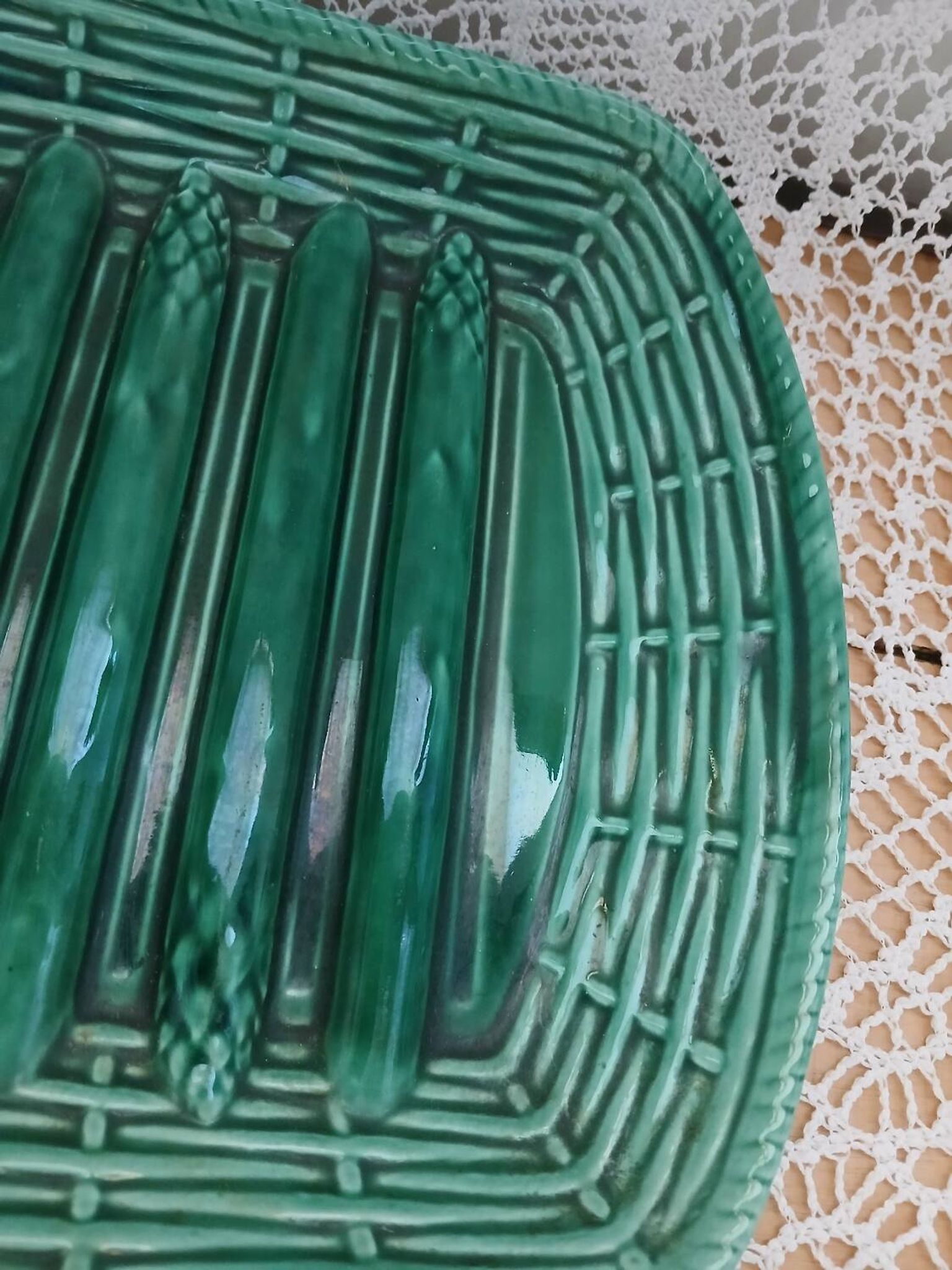 Antique Barbotine dish with asparagus motifs