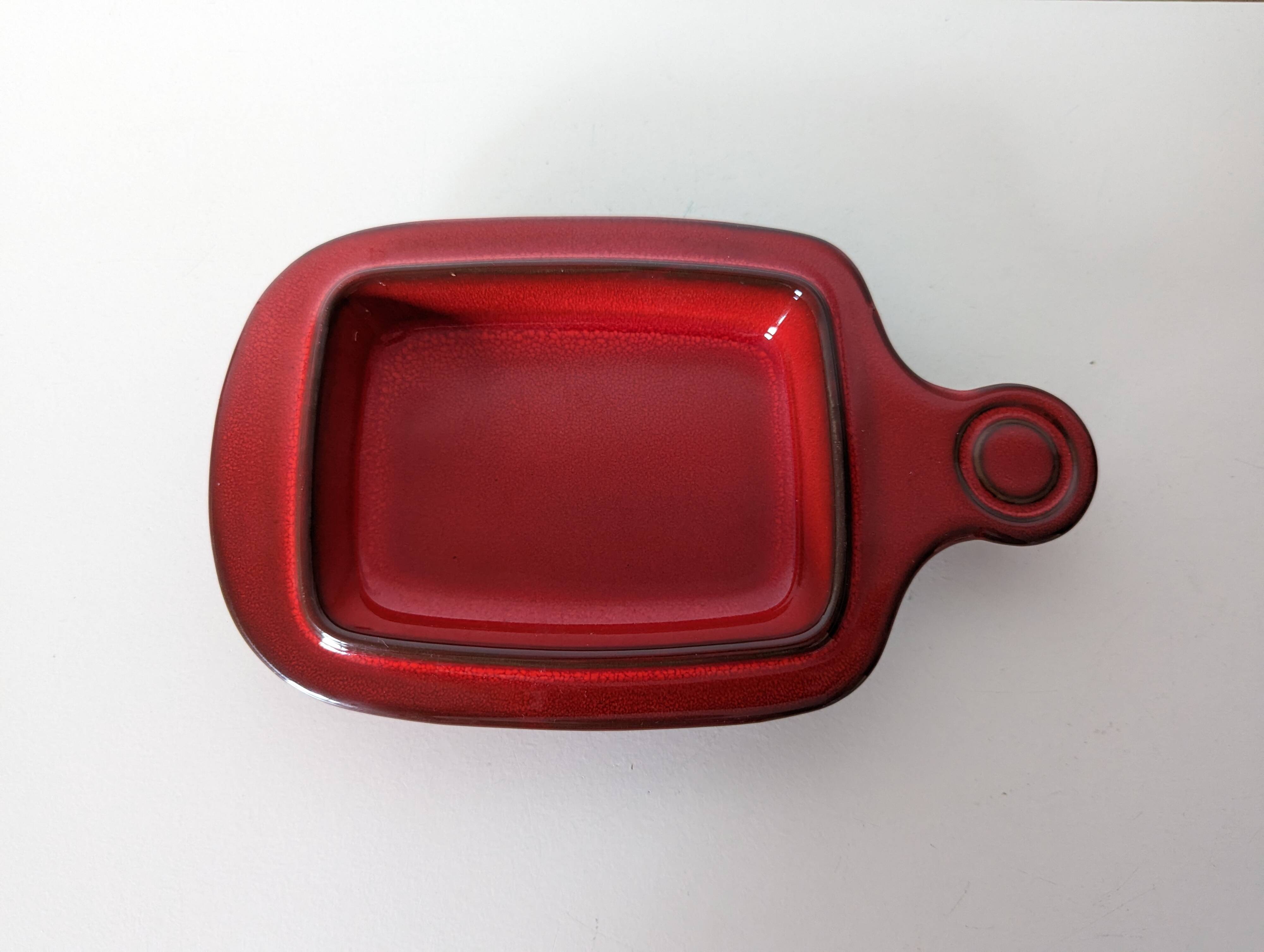 red glazed stoneware butter dish